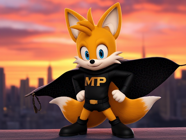 A very cute and detailed depiction of Miles Tails Prower, standing in a dynamic and heroic pose, wearing a custom-made superhero costume that features a sleek black cape with intricate silver linings. The initials "MTP" are prominently imprinted on his suit in bold gold letters. His two tails are flared out behind him, adding to the sense of motion. The background showcases a city skyline at sunset with vibrant colors adding to the dramatic effect. Detailed textures on fur and costume fabric, vivid reflections on the silver linings, realistic lighting effects highlighting his heroic posture, and expressive facial features showcasing determination