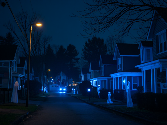 A ghost themed suburb town. with blue lights decorated and ghost props