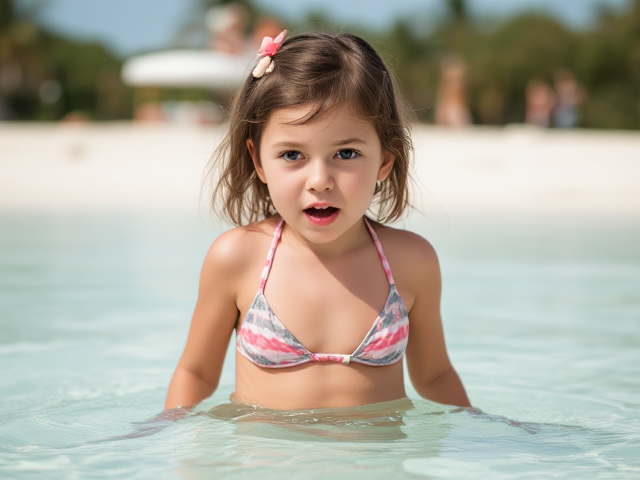 Little girl in a bikini scared