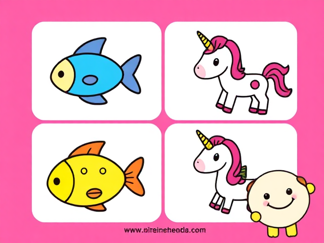 "Create a bright and playful design should feature cute, cartoon-style illustrations that are appealing The layout should have four sections, each containing a different simple illustration, such as a fish, unicorn, or any other fun, kid-friendly characters or objects. The colors should be vibrant, with bold outlines, giving it a fun and engaging look for young children. Include a friendly cartoon character, like a smiling animal, in one of the corners. The overall style should be similar to a traditional children's coloring book cover—bright, happy, and easy to understand."