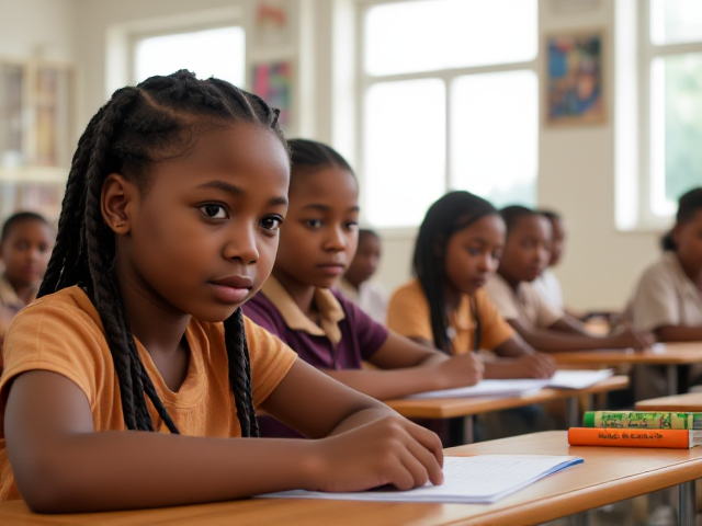 Des élèves africaines  âgés de huit ans avec des tresses assis dans une salle de classe lumineuse, concentrés sur un devoir, avec des bureaux et du matériel scolaire visible autour d'eux, lumière naturelle entrant par les fenêtres