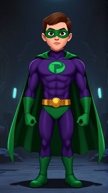 Modern Cartoon scene: A young, Autistic 25-year old boy with light skin and flat, smooth, and slick brown hair named T.J. Granger, but transformed into a genetically-altered superhero named Powerman, who, despite still being a young adult kid, has an extremely muscular body. He wears a sleek purple suit with a green P symbol on his chest, a gold belt with a circular buckle, green briefs, green boots, green long-cuffed gloves, a really big, toe-length long, ultra-wide green cape wreathed around his neck, and a green eye mask that protects his true identity. He also has incredible and invincible superpowers flowing through his veins. In this scene, Powerman is currently standing in his secret high-tech underground lair, ready for action.