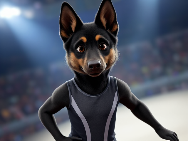 A anthropomorphic black German shepherd Olympic gymnast wearing a leotard