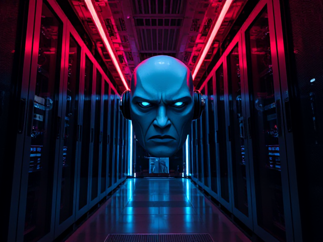 A futuristic server room with advanced edge computing devices, cyberpunk aesthetic, sneering robotic face integrated into the central AI system, dim neon lighting reflecting off sleek metal surfaces, wide-angle view from a low camera position to capture the imposing technology and the haughty expression of the AI.