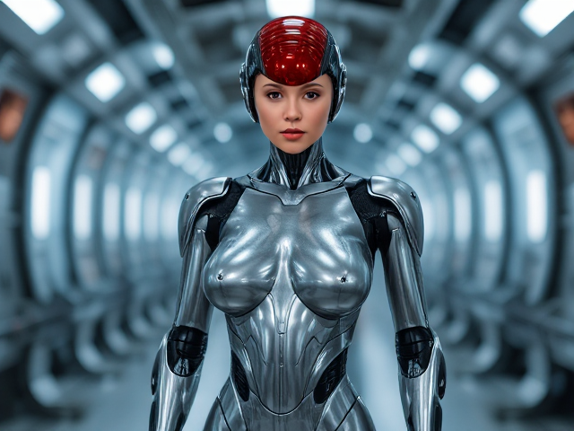 Futuristic female robot with sleek design, metallic skin, in a high-tech environment, red head, head, legs ,body, human face