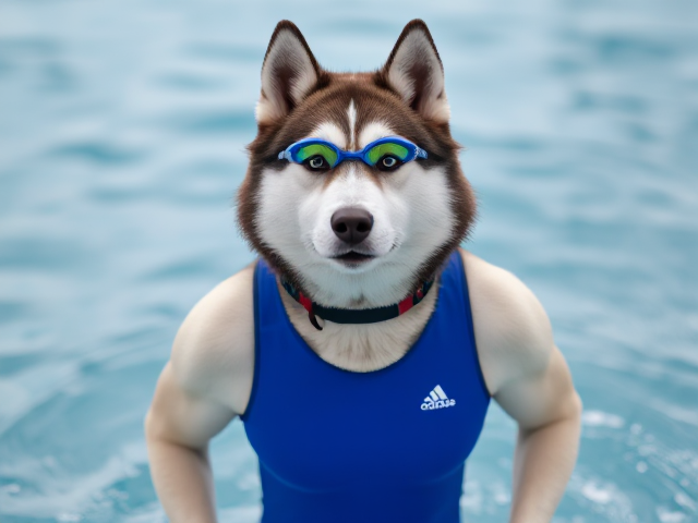 A anthropomorphic Siberian husky wearing an adidas swimsuit and swimming goggles