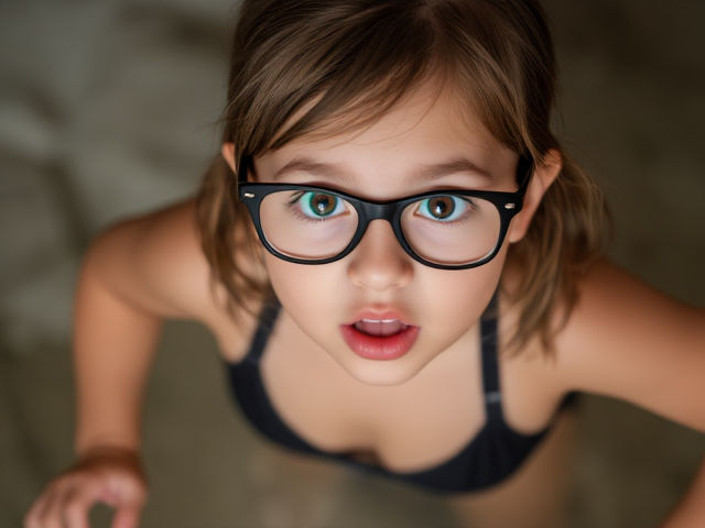 Glasses Little girl in a black bikini scared