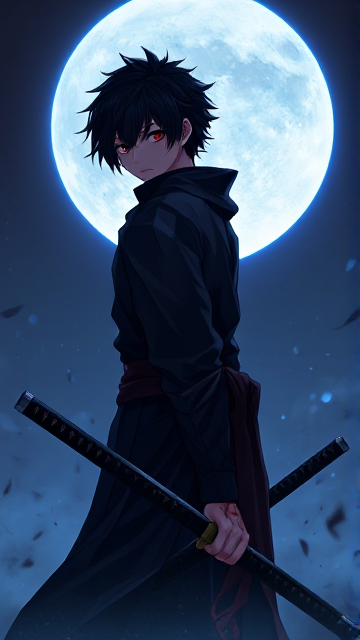 Neo Hargraves. A 18 year old boy with dark hair and red eyes. Son of Hardes. With a black Katana. Death abillitie facing a massive hord of Shadow Monsters. neo wears a stylish all black lock and is covert in bloodi wounds. Give him a Dark Aura