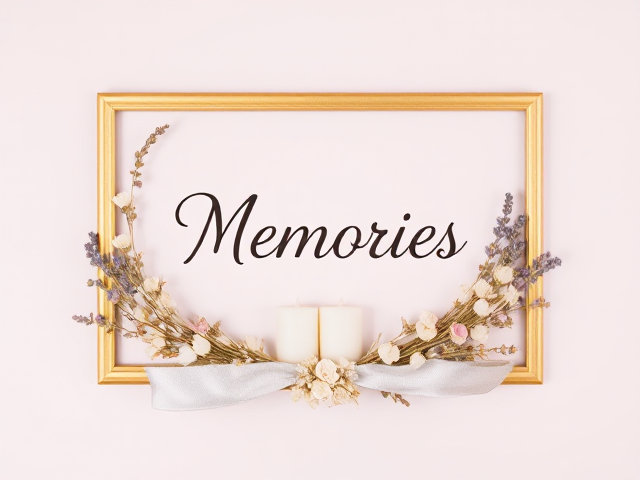 Create a banner. 
Background: A soft, pastel color like blush pink or light blue.
Main Elements:
Gold Frame: A delicate, golden frame to border the banner. A shimmering silver ribbon wrapped around the frame.
Add Flowers: Dried or pressed flowers in shades of white, cream, and light pink arranged within the frame. Add a few sprigs of lavender for a touch of purple.
Candles: Two small, white candles placed symmetrically within the frame. 
Use a script or calligraphy font for a nostalgic feel. The title is"Memories,"