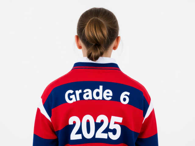 a teen girl wearing a school rugby jumper in the colours blue red and white. White writing on the back says grade 6 class of 2025
