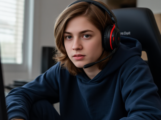 generate a 15 year old boy with long brown hair and some dark blue sweatpants and a dark blue sweatshirt. he is a gamer with black and red headset and he stinks