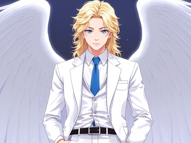 Gender: Male

Age: Adult (Seraph)

Height: 5'4"

Body type: Petite but toned body

Hair color + type: Platinum blonde curly hair, long hair that is shoulder length

Clothing: He wears a white suit, a blue tie, and white suit jacket. His slacks are also white

Eye color: Light blue

Skin color: White