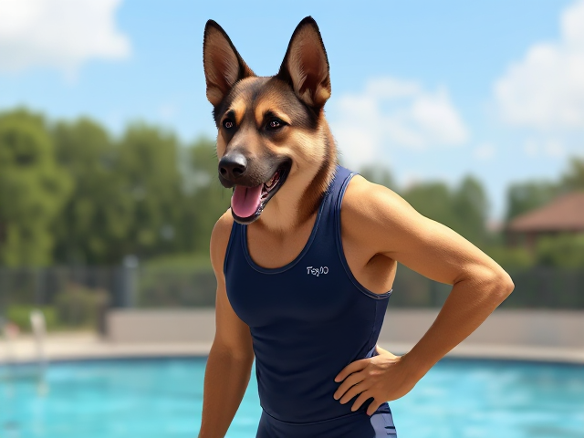 A tall and lean anthropomorphic German shepherd with long forearms wearing a water polo swimsuit