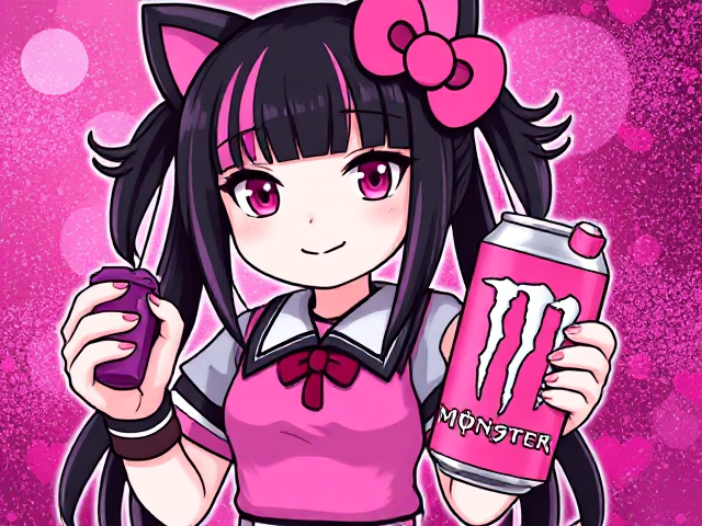 Create a picture of Kuromi from Hello Kitty. Have her hold a pink Monster Energy