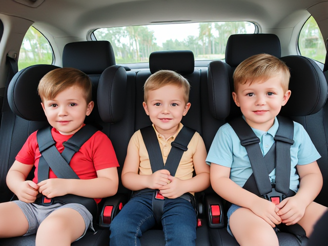 3 boys buckled in car seats in the backseat
