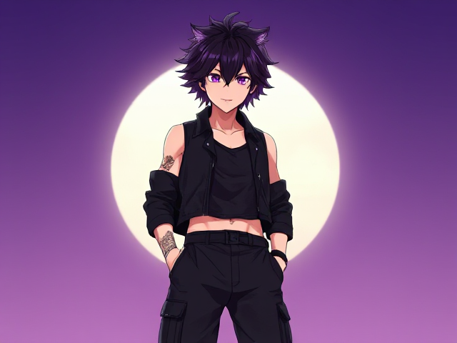 baggy cargo pants, sleeveless crop top vest, leather jacket. black and purple fluffy hair wolf cut style. Nonbinary. Anime. Male.
Oc.
