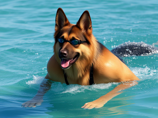 A tall anthropomorphic long-haired German shepherd Olympic swimmer with a long torso and broad shoulders wearing a one-piece swimsuit and goggles, swimming in the sea