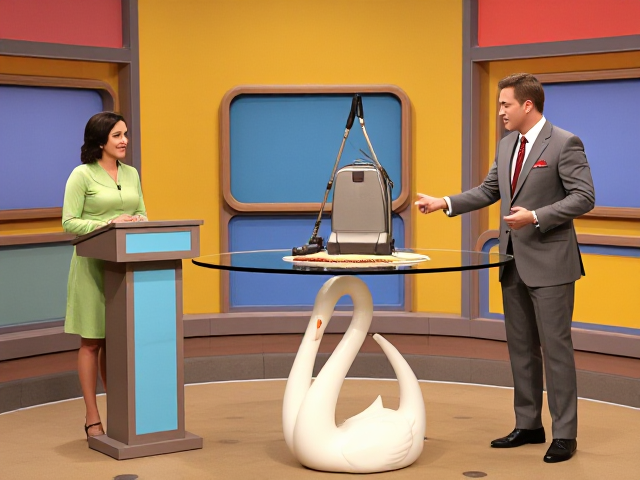 A game show studio with a host and two contestants. the contestants are standing at a small lectern and the host is to their right showing off the item on a table is a high table it is a glass top with a giant swan base, the glass is covered with a short vintage table cloth with a vacuum cleaner sitting on top. the studio set is decorated with a retro 70's and 80's aesthetic, colorful retro.