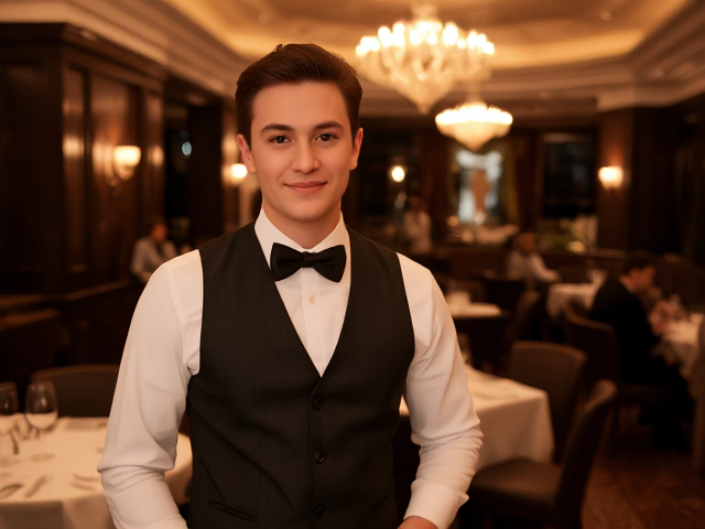 A host at a fancy restaurant.  He is in his mid-twenties.