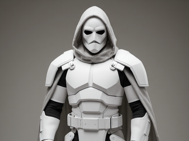 Man in white styrofoam body armor and mask, and grey cloak