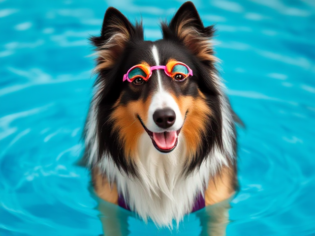 A anthropomorphic Rough collie wearing a swimsuit and swimming goggles