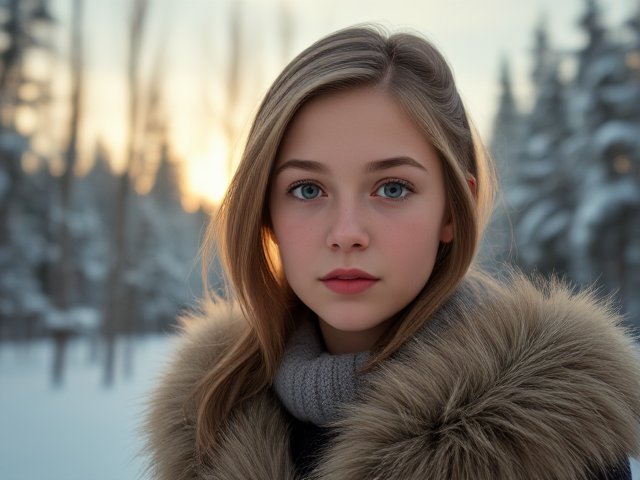 Vikikng, teen girl, light green eyes, sandy brown hair, freckles, in a snowy forest wearing furs