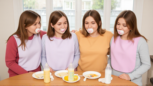 Quatre filles adolescentes aux cheveux lisses et dégagé et de différentes couleurs a l'avant assis a table  avec de la nourriture pour bébé et des biberons avec des grands bavoirs simple de différentes couleurs et des tétines en bouches elles ont des pull de différentes couleurs que les Bavoirs et avec des pantalons elle se font un gros câlin et il y a une grande fenêtre derrière la table