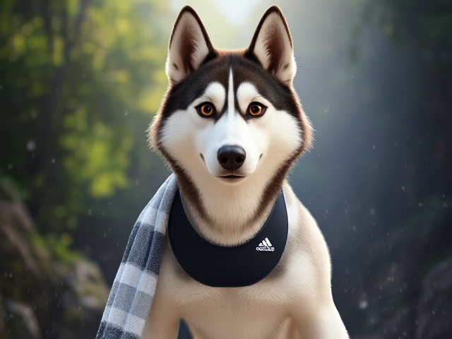 A tall Siberian husky wearing a adidas swimsuit drying off with a towel