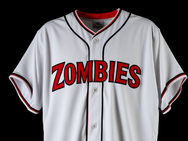 A white baseball jersey with Zombies across the front in red and black and neon green with red black and neon green piping around the neck and cuffs of the jersey