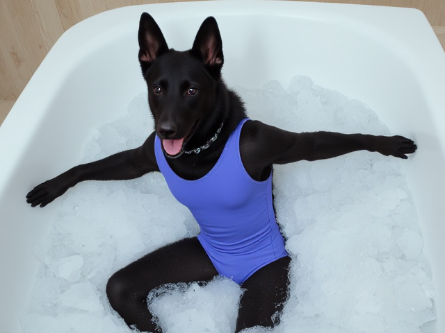 A anthropomorphic black German shepherd wearing a gymnastics leotard in a bathtub full of ice