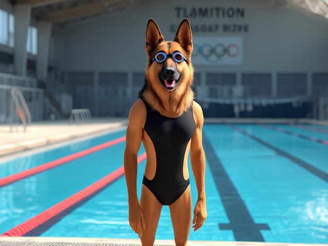 A tall and slender anthropomorphic long-haired German shepherd with a long torso and broad shoulders, wearing a racing swimsuit and swimming goggles while standing next to a Olympic-Sized swimming pool