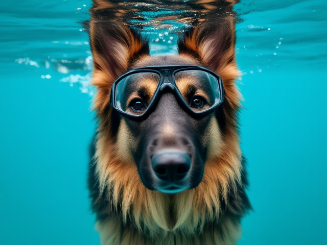 A Long haired German shepherd wearing freediving goggles with her head above water