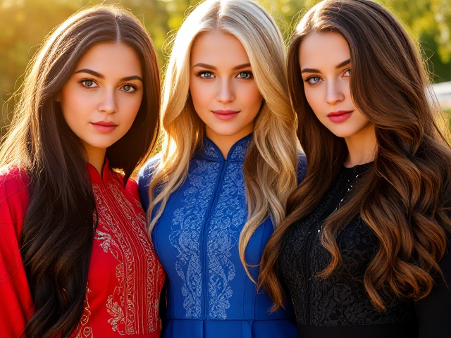Digital art Three women standing closely together under the sun, their features highlighted by the warm golden light. The first woman has long, flowing black hair that cascades like a waterfall, striking green eyes that resemble emeralds, and is dressed in a vibrant red outfit with intricate embroidery that glimmers under the sunlight. The second woman possesses silky blonde hair that shimmers like gold strands, bright blue eyes reminiscent of a clear summer sky, and is wearing an elegant blue outfit adorned with delicate lace and sparkling jewels. The third woman has cascading long brown hair resembling rich chocolate waves, mesmerizing silver eyes as reflective as moonlit water, and is adorned in a sleek black outfit with subtle patterns woven into the fabric to catch glimpses of light. Each woman's attire should reflect her unique style and complement her features with added accessories such as delicate jewelry or stylish footwear to enhance their individuality