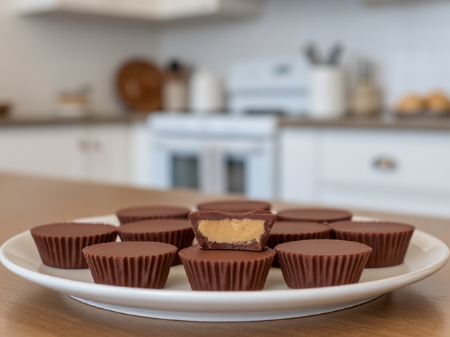 on a table in a nice kitchen we see Keto Peanut Butter Cups 🥜🍫
Ingredients:

1/2 cup sugar-free chocolate chips
1/4 cup coconut oil
1/4 cup natural peanut butter
1 tbsp powdered erythritol
Instructions:

Melt chocolate chips and coconut oil together.
Pour a thin layer into silicone molds and freeze for 10 minutes.
Mix peanut butter and erythritol, then add a layer to the molds.
Cover with remaining chocolate mixture and freeze until solid.
🌟 If you’re a Reese’s fan, these are for you!