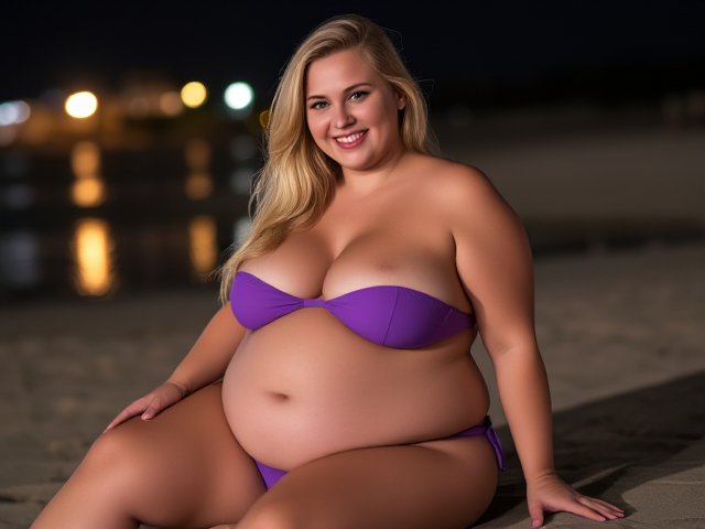 A very obese tall 25 years old woman   blonde hair blue eyes wearing a purple bikini sitting on the beach smiling at night. With her belly out