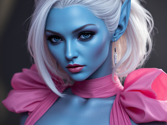 Create blue skin alien woman with white hair  and wearing a pink dress realistic.