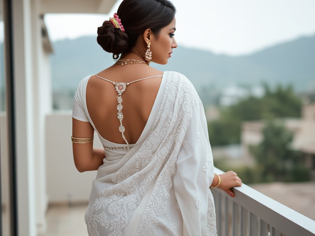 Indian young woman dressed in a white saree with intricate white embroidery , and elaborate traditional jewelry including bangles, earrings, and a necklace, her back turned to reveal the detailed work on the saree. The scene is set against a background of her on a balcony in Pakistan