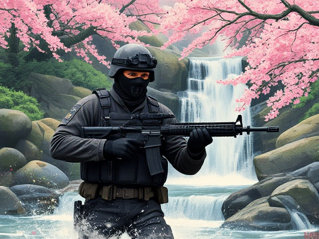 An Japanese brush art style image of masked soldier with assault rifles in a detailed Japanese Waterfall surrounded by Blossom trees. 8k, PFP