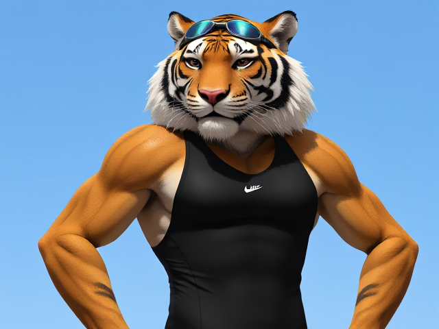 A tall anthropomorphic tiger with a long torso, wearing a high cut Nike one piece swimsuit and swimming goggles