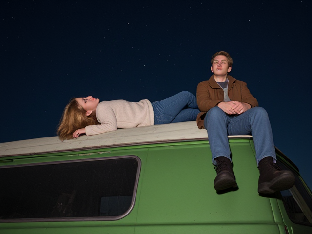 A petite 12-year-old girl with strawberry blonde hair, wearing a cozy pullover and jeans, is lying on the roof of a weathered green 1987 Chevy van. She is on her back, gazing up at the night sky filled with stars. Next to her on the roof of the van, sits a modern-day vampire in his twenties, with striking blonde hair, dressed in a brown trench coat and jeans. He appears uneasy as he looks downward