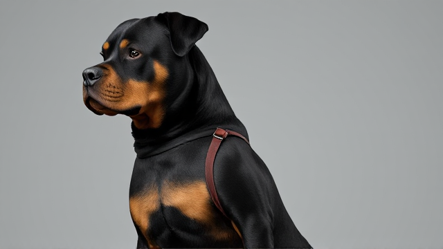 Anthropomorphic Rottweiler wearing a stylish leotard, detailed fur texture, graceful pose, vivid colors