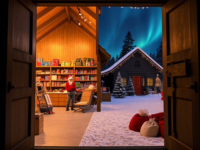 A picturesque open doorway scene showing both the cozy workshop interior and the magical North Pole outdoors.

Workshop Interior (Visible Through the Door):
Inside the workshop, wooden floors and beams radiate with warm golden light. Shelves are stacked high with colorful toys, ribbons, and wrapping paper. A conveyor belt carrying gifts runs toward the back of the room, where busy elves are hard at work. Overhead, fairy lights twinkle along the rafters.

Outside the Workshop:
Snow blankets the ground, glistening in the moonlight. The immediate area features a few large gift sacks and a wooden sleigh partially visible on one side. Snow-capped pine trees surround the workshop, and a candy-cane North Pole sign stands in the foreground. The northern lights glow faintly in the sky, casting a magical ambiance.

Space for Characters:
Ample space in the foreground (just outside the doorway) for Santa and the family to interact with the scene.