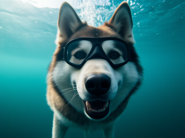 An Alaskan malamute wearing Freediving goggles underwater