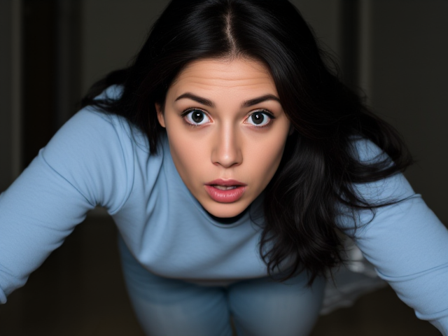 Brunette with dark hair wearing a light blue long sleeve t shirt and light blue jeans with a stunned constipated look on her face as she falls forward paralyzed
