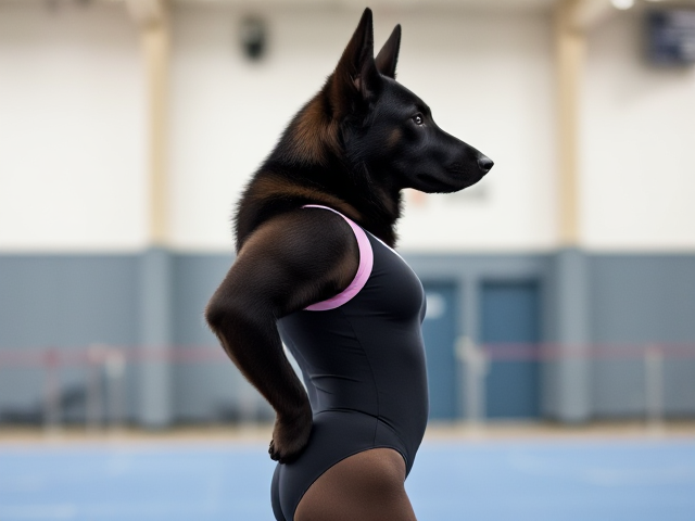 Anthropomorphic black German shepherd wearing a gymnastics leotard, posing with emphasis on its hips in a gymnasium setting, detailed and vibrant colors