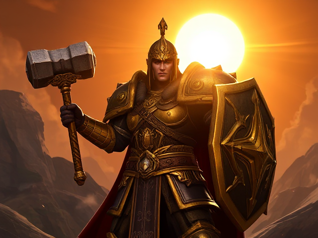 world of warcraft paladin class, wearing ornate armor with golden accents, wielding a shining hammer and shield, standing in a heroic pose, epic fantasy background, detailed character design