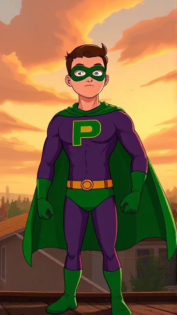 Dramatic Cartoon scene: A young, Autistic 25-year old boy with light skin and flat, smooth, and slick brown hair with a singular curled bang in the shape of a P sticking out at the front named T.J. Granger, but transformed into a genetically-altered superhero named Powerman, who, despite still being a young adult kid, has an extremely muscular body. He wears a sleek purple bodysuit with a green P symbol on his chest, a golden belt with a circular buckle, green briefs, green boots, green long-cuffed gloves, a really big, toe-length long, ultra-wide green cape wreathed around his neck, and a green eye mask that protects his true identity and also causes his pupils to magically disappear as his eyes glow an eerie white. He also has incredible and invincible superpowers flowing through his veins. In this scene, Powerman is currently standing on the roof of his house in the morning, ready for action.