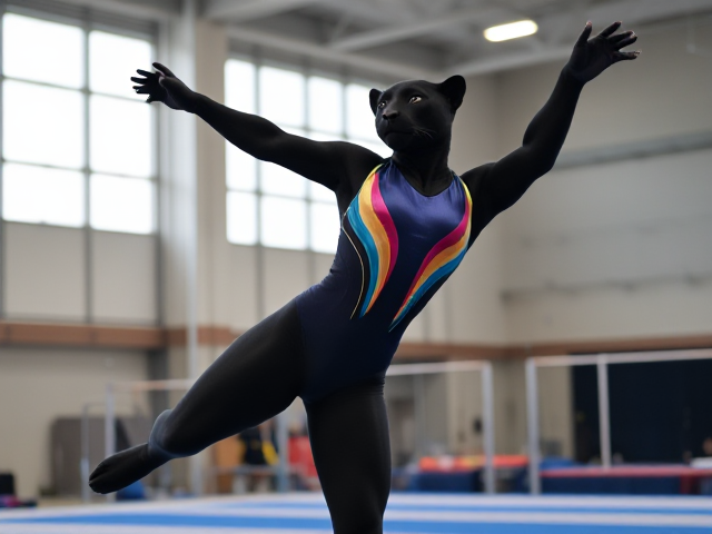 Anthropomorphic black panther with a sleek, athletic build, wearing a vibrant and colorful gymnastics leotard, performing an impressive routine in a brightly lit gymnasium. Gymnastic equipment like rings, parallel bars, and mats can be seen in the background. The panther is captured in a dynamic pose, showcasing grace and power
