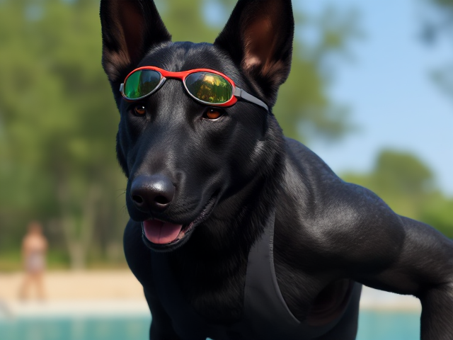 A anthropomorphic black German shepherd with a long torso and broad shoulders wearing a one piece swimsuit and swimming goggles