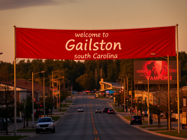 A small suburban town with a red banner with welcome to Gailston south Carolina home of the vampires written on it in white, and a minor league baseball stadium with vampires stadium billboard in red